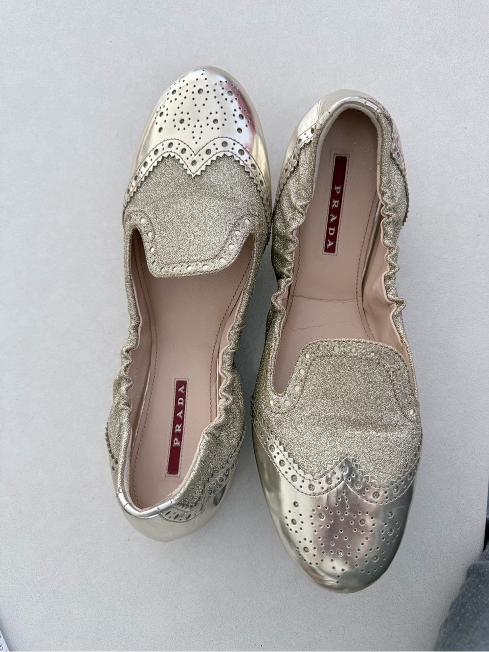 Prada Metallic Gold Glitter Slip-On Loafers